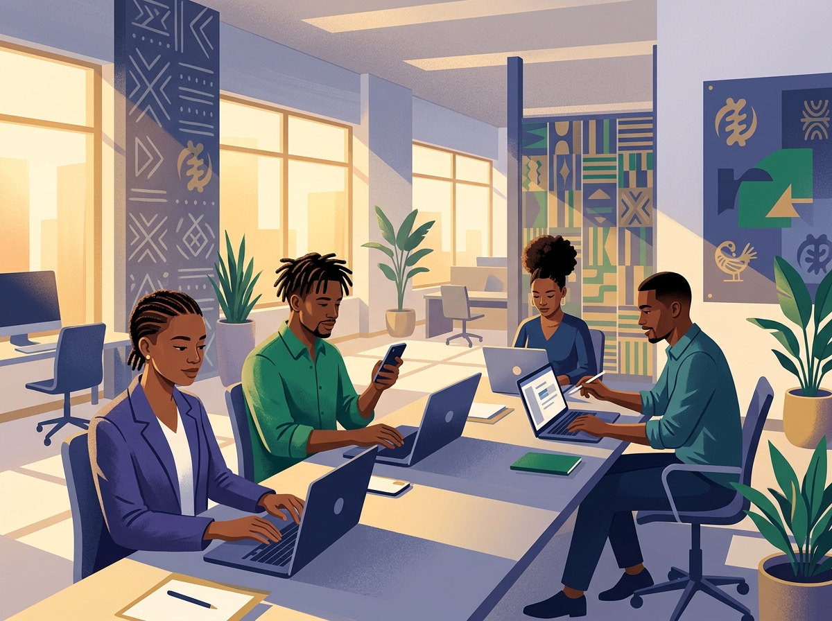 Young African adults working with laptops and smartphones.